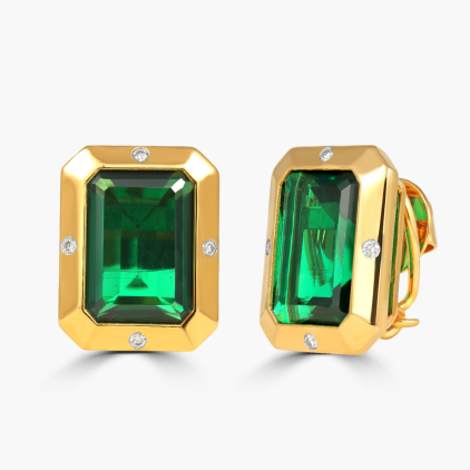 Vibrant Deep Green Rectangular Diamond Earrings